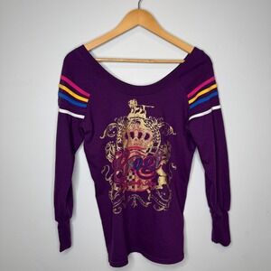 Coogi Womens Purple Graphic Sweatshirt Y2K Gold Foil Rhinestone Scoop Neck Med
